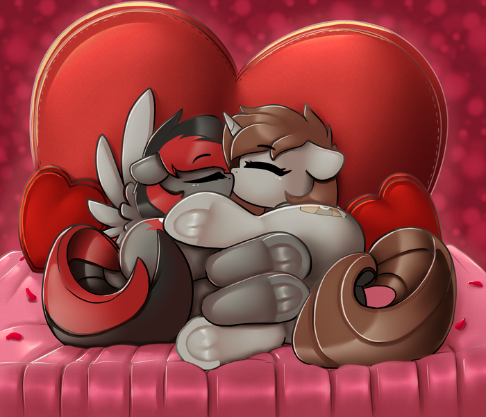 Size: 2499x2142 | Tagged: safe, artist:llametsul, derpibooru import, oc, oc:arjin, oc:burning shadow, pegasus, pony, unicorn, bed, butt, commission, couple, cute, cutie mark, duo, duo female, eyes closed, female, floppy ears, heart, holiday, image, kissing, mare, plot, png, strategically covered, underhoof, valentine's day