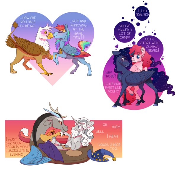 Size: 3508x3500 | Tagged: safe, artist:jackiebloom, derpibooru import, discord, gilda, pinkie pie, princess luna, rainbow dash, star swirl the bearded, pony, female, gay, gildash, image, lesbian, lunapie, lying down, male, png, prone, shipping, simple background, transparent background