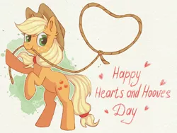 Size: 3000x2250 | Tagged: safe, artist:0okami-0ni, derpibooru import, applejack, earth pony, pony, applejack's hat, cowboy hat, digital art, ear fluff, female, freckles, full body, hat, hearts and hooves day, high res, hooves, image, lasso, mare, mouth hold, png, rearing, rope, signature, solo