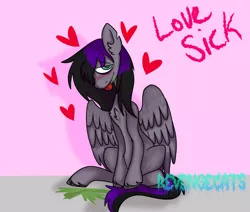 Size: 1668x1414 | Tagged: safe, artist:revenge.cats, derpibooru import, oc, oc:drizzling dasher, unofficial characters only, pegasus, pony, blushing, chest fluff, colored wings, ear fluff, emo, fangs, gradient wings, heart, hooves, image, pegasus oc, png, signature, sitting, smiling, solo, tail, tongue out, two toned mane, two toned tail, unshorn fetlocks, vomit, wings