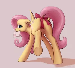 Size: 2550x2311 | Tagged: suggestive, alternate version, artist:rnghat, derpibooru import, fluttershy, pegasus, pony, butt, female, floppy ears, hearts and hooves day, high res, holiday, hooves, image, looking at you, looking back, looking back at you, mare, mouth hold, plot, png, raised leg, raised tail, rear view, shading, shadow, signature, simple background, solo, standing, tail, tail aside, underhoof, valentine's day