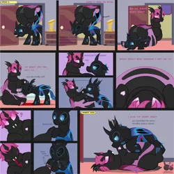 Size: 1659x1662 | Tagged: safe, artist:wheatley r.h., derpibooru import, oc, oc:lara, oc:w. rhinestone eyes, unofficial characters only, changeling, pony, comic:still hungry, bat wings, bedroom eyes, belly, belly bed, bellyrubs, big belly, biting, blue blush, blue changeling, blushing, changeling oc, chunkling, derpibooru exclusive, fangs, fat, female, happy, heart, holding a changeling, honeypot changeling, hoof biting, hooves, horn, huge belly, image, impossibly large belly, jpeg, love, male, mare, nom, obese, pink changeling, sharp teeth, spanish, stallion, stuck, teeth, tongue out, trophy, vector, watermark, wings