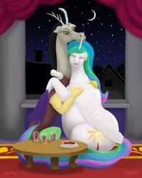 Size: 1000x1250 | Tagged: safe, artist:soobel, derpibooru import, discord, princess celestia, alicorn, alcohol, cake, chubby, crescent moon, dislestia, fat, female, food, heartwarming, image, love, male, moon, png, shipping, straight, wine