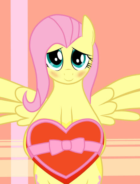 Size: 858x1130 | Tagged: safe, derpibooru import, fluttershy, blushing, candy, chocolate, food, heart, hearts and hooves day, holiday, image, jpeg, looking at you, smiling, solo, valentine's day