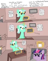 Size: 1280x1622 | Tagged: safe, artist:alyssafire, artist:nightshadowmlp, derpibooru import, lyra heartstrings, twilight sparkle, twilight sparkle (alicorn), alicorn, comic:five am at pinkie's: the prequel, background gag, button, comic, firealpaca, five am at freddy's, five nights at freddy's, from summer of 2020, glow, glowing horn, horn, image, jpeg, light, older art style, onomatopoeia, surprised, text