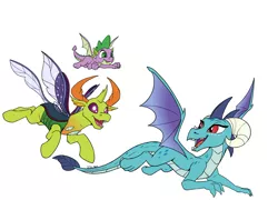 Size: 7813x5613 | Tagged: safe, artist:starponys87, artist:tsitra360, derpibooru import, princess ember, spike, thorax, changedling, changeling, dragon, season 8, spoiler:s08, chase, dragon lord ember, dragoness, embrax, female, flying, holiday, image, king thorax, love, male, png, romance, shipping, straight, valentine's day, winged spike, wings