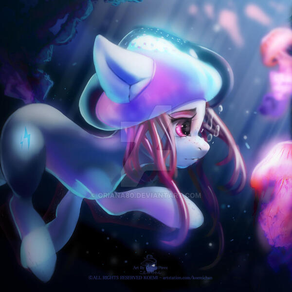 Size: 1280x1280 | Tagged: safe, artist:oriana80, derpibooru import, oc, unofficial characters only, earth pony, jellyfish, pony, spoiler:pony life, bubble, colored pupils, crepuscular rays, deviantart watermark, female, flowing mane, glow, image, jpeg, obtrusive watermark, ocean, pink eyes, solo, sunlight, swimming, underwater, water, watermark