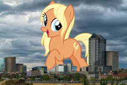 Size: 1728x1152 | Tagged: safe, artist:cheezedoodle96, artist:thegiantponyfan, derpibooru import, amber grain, earth pony, pony, columbus, female, friendship student, giant pony, giant/macro earth pony, giantess, highrise ponies, image, irl, macro, mare, mega giant, ohio, open mouth, open smile, photo, png, ponies in real life, raised hoof, smiling