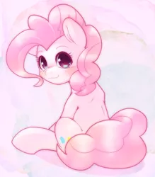 Size: 1798x2048 | Tagged: safe, artist:kurogewapony, derpibooru import, pinkie pie, earth pony, pony, blushing, cute, diapinkes, female, happy, image, jpeg, looking at you, looking back, looking back at you, mare, simple background, sitting, smiling, smiling at you, solo