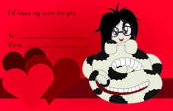 Size: 3156x2028 | Tagged: safe, artist:badumsquish, derpibooru import, oc, oc:cuppa noodle, unofficial characters only, lamia, monster pony, original species, pony, coils, derpibooru exclusive, fangs, female, glasses, grin, heart, holiday, image, looking at you, mare, messy mane, neet, nerd, png, smiling, solo, valentine, valentine's day, valentine's day card