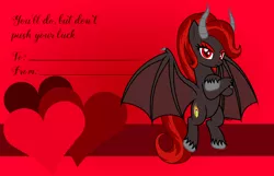 Size: 3156x2028 | Tagged: safe, artist:badumsquish, derpibooru import, oc, oc:kim stone, unofficial characters only, bat pony, demon, demon pony, monster pony, original species, pony, bat wings, brimstone, crossed hooves, derpibooru exclusive, eyeshadow, female, flying, frown, grumpy, heart, holiday, horns, image, looking at you, makeup, png, solo, spread wings, tsundere, unshorn fetlocks, valentine, valentine's day, valentine's day card, wings