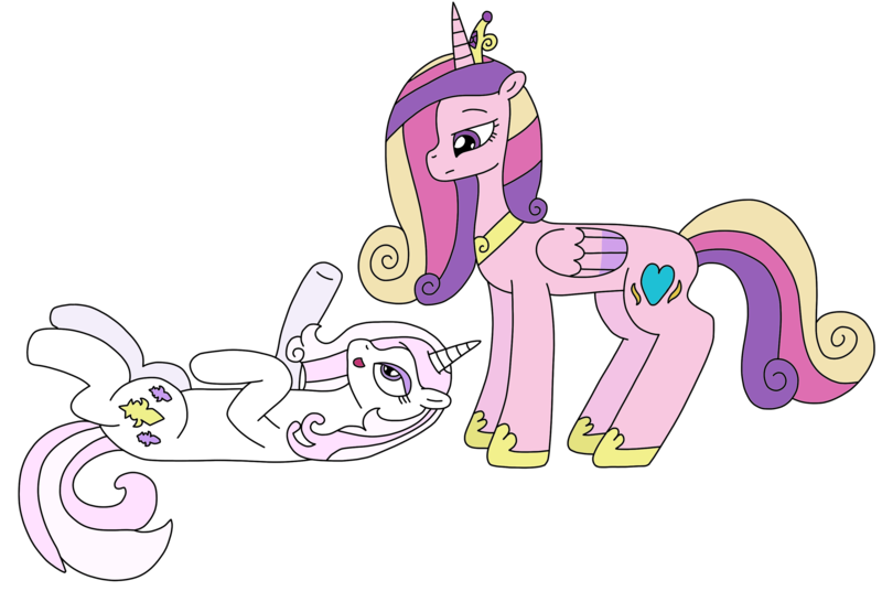 Size: 3104x2081 | Tagged: safe, artist:supahdonarudo, derpibooru import, fleur-de-lis, princess cadance, alicorn, pony, unicorn, crown, duo, duo female, female, folded wings, full body, high res, hoof shoes, hooves, horn, image, jewelry, lidded eyes, looking at each other, looking at someone, lying down, mare, multicolored mane, multicolored tail, on back, open mouth, open smile, png, raised hoof, regalia, simple background, smiling, standing, tail, transparent background, wings
