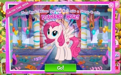 Size: 1920x1200 | Tagged: safe, derpibooru import, screencap, apple crisp, candy apples, diamond rose, svengallop, earth pony, pegasus, pony, apple family member, female, full body, gameloft, hooves, image, jpeg, male, mare, smiling, spread wings, stallion, standing, sweet apple acres, tail, text, wings