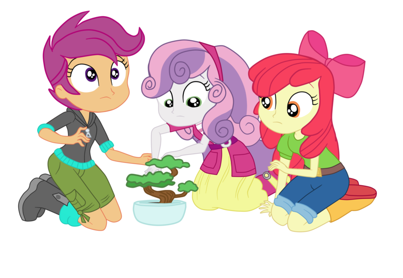 Size: 3900x2693 | Tagged: safe, artist:gmaplay, derpibooru import, apple bloom, scootaloo, sweetie belle, equestria girls, equestria girls series, happily ever after party, bonsai, happily ever after party: applejack, image, png