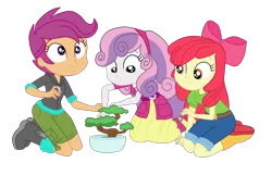 Size: 3900x2693 | Tagged: safe, artist:gmaplay, derpibooru import, apple bloom, scootaloo, sweetie belle, equestria girls, equestria girls series, happily ever after party, bonsai, happily ever after party: applejack, image, png