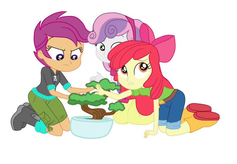 Size: 3900x2693 | Tagged: safe, artist:gmaplay, derpibooru import, apple bloom, scootaloo, sweetie belle, equestria girls, equestria girls series, happily ever after party, bonsai, happily ever after party: applejack, image, png