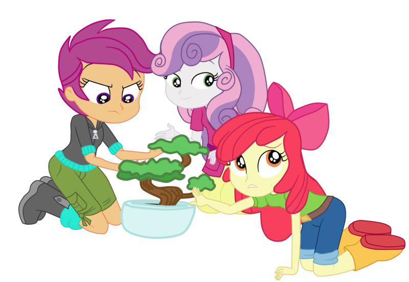 Size: 3900x2693 | Tagged: safe, alternate version, artist:gmaplay, derpibooru import, apple bloom, scootaloo, sweetie belle, equestria girls, equestria girls series, happily ever after party, bonsai, happily ever after party: applejack, image, png