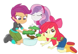 Size: 3900x2693 | Tagged: safe, alternate version, artist:gmaplay, derpibooru import, apple bloom, scootaloo, sweetie belle, equestria girls, equestria girls series, happily ever after party, bonsai, eyes closed, happily ever after party: applejack, image, png