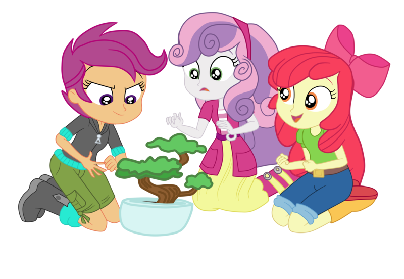 Size: 3900x2693 | Tagged: safe, alternate version, artist:gmaplay, derpibooru import, apple bloom, scootaloo, sweetie belle, equestria girls, equestria girls series, happily ever after party, bonsai, eyes closed, happily ever after party: applejack, image, png