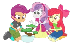 Size: 3900x2693 | Tagged: safe, alternate version, artist:gmaplay, derpibooru import, apple bloom, scootaloo, sweetie belle, equestria girls, equestria girls series, happily ever after party, bonsai, eyes closed, happily ever after party: applejack, image, png