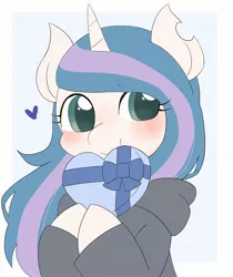 Size: 1724x2048 | Tagged: safe, artist:ginmaruxx, derpibooru import, oc, unofficial characters only, pony, unicorn, blushing, bust, clothes, cute, emanata, female, happy, heart, holding a present, hoodie, horn, image, jpeg, looking at you, mare, partial background, present, simple background, smiling, smiling at you, solo, unicorn oc
