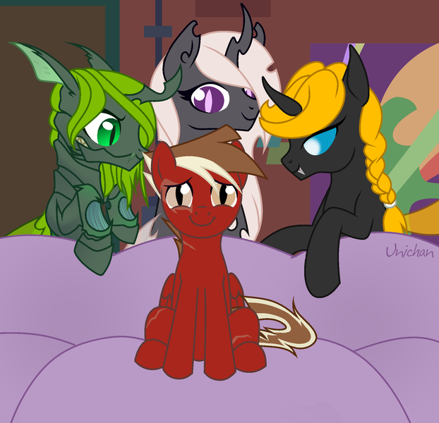 Size: 1964x1896 | Tagged: questionable, artist:unichan, derpibooru import, oc, oc:12 alpha, oc:autumn shimmer, oc:handshake exploit, oc:markerlight, changeling, pegasus, pony, fallout equestria, biomachine, concerned pony, couch, female, green changeling, half bat pony, image, male, mare, meme, meme template, png, stallion, synth, white changeling, yellow changeling