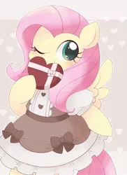 Size: 1494x2048 | Tagged: safe, artist:ginmaruxx, derpibooru import, fluttershy, pegasus, pony, bipedal, blushing, bust, clothes, covering mouth, cute, dress, female, heart, heart background, heart eyes, holding a present, image, jpeg, looking at you, mare, one eye closed, present, solo, wingding eyes, wink, winking at you