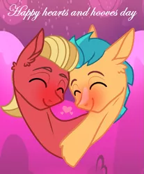 Size: 827x1000 | Tagged: artist needed, safe, derpibooru import, hitch trailblazer, sprout cloverleaf, earth pony, pony, my little pony: a new generation, blushing, couple, cute, duo, duo male, eyes closed, g5, gay, heart, hearts and hooves day, hitchsprout, holiday, image, male, nuzzling, png, shipping, simple background, smiling, stallion, text, valentine's day