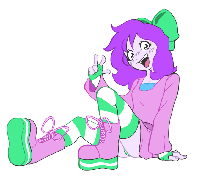 Size: 2527x2276 | Tagged: safe, artist:doodlegamertj, derpibooru import, oc, oc:mable syrup, unofficial characters only, equestria girls, boots, bow, clothes, deaf, dress, hair bow, happy, image, mute, panties, panty shot, platform boots, png, purple hair, shoes, simple background, sitting, socks, solo, striped socks, transparent background, underwear