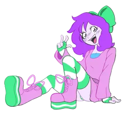 Size: 2527x2276 | Tagged: safe, artist:doodlegamertj, derpibooru import, oc, oc:mable syrup, unofficial characters only, equestria girls, boots, bow, clothes, deaf, dress, hair bow, happy, image, mute, panties, panty shot, platform boots, png, purple hair, shoes, simple background, sitting, socks, solo, striped socks, transparent background, underwear