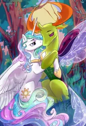 Size: 1397x2048 | Tagged: safe, artist:faultsunrise, derpibooru import, princess celestia, thorax, alicorn, changedling, changeling, pony, commission, ethereal mane, feather, female, forest, grass, holding hooves, hoof shoes, horn, horns, image, jpeg, king thorax, looking at each other, looking at someone, male, mare, purple eyes, shipping, sitting, sky, sparkles, spread wings, starry mane, starry tail, straight, tail, thoralestia, tree, wings