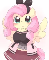 Size: 1698x2048 | Tagged: safe, artist:ginmaruxx, derpibooru import, fluttershy, pegasus, pony, bipedal, blushing, bust, clothes, female, image, jpeg, looking at you, mare, o.o, solo, spread wings, wings