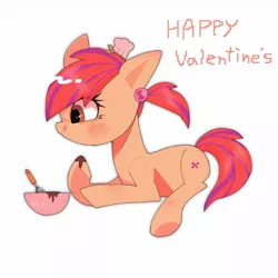 Size: 1280x1280 | Tagged: safe, artist:destroyer_aky, derpibooru import, oc, unofficial characters only, earth pony, pony, bowl, chef's hat, chocolate, earth pony oc, female, food, happy valentines day, hat, image, jpeg, looking at something, mare, simple background, solo, tongue out, white background