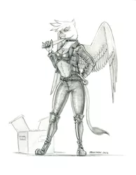 Size: 1000x1288 | Tagged: safe, artist:baron engel, derpibooru import, gilda, anthro, gryphon, unguligrade anthro, abs, belt, box, breasts, busty gilda, clothes, collar, female, grayscale, image, implied rarity, jacket, jpeg, knee-high boots, knife, leather jacket, midriff, monochrome, pencil drawing, signature, solo, story in the source, story included, traditional art