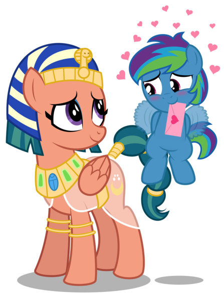 Size: 1600x2149 | Tagged: safe, artist:aleximusprime, derpibooru import, somnambula, oc, oc:storm streak, pegasus, pony, flurry heart's story, alternate design, arm behind back, blushing, bracelet, canon x oc, colt, crush, egyptian, egyptian headdress, egyptian pony, female, floating heart, flying, foal, future, glowpaz, heart, image, jewelry, looking at each other, looking at someone, love letter, male, mare, mouth hold, necklace, nemes headdress, offspring, older, older somnambula, parent:oc:thunderhead, parent:rainbow dash, parents:canon x oc, pegasus oc, png, simple background, smiling, straight, transparent background, wings