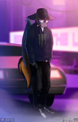 Size: 5120x8000 | Tagged: safe, artist:difis, derpibooru import, oc, anthro, car, clothes, commission, glasses, hoodie, image, monster energy, png, smoking, solo, synthwave