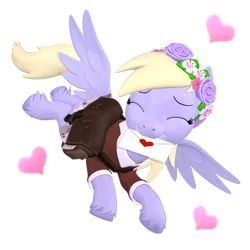Size: 1024x1024 | Tagged: safe, artist:owlpirate, derpibooru import, derpy hooves, pegasus, pony, 3d, cute, derpabetes, envelope, eyes closed, female, floating heart, floral head wreath, flower, flying, heart, holiday, image, mailmare, mailmare uniform, mare, open mouth, png, simple background, solo, source filmmaker, spread wings, transparent background, unshorn fetlocks, valentine's day, wings