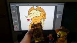 Size: 2048x1153 | Tagged: safe, artist:mkogwheel, derpibooru import, applejack, earth pony, human, pony, chocolate, chocolate bar, computer screen, disembodied hand, eating, female, floating heart, food, hand, heart, holiday, image, jpeg, mare, offscreen character, solo focus, valentine's day, waifu dinner