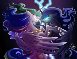 Size: 1000x770 | Tagged: safe, artist:omny87, derpibooru import, princess celestia, princess luna, alicorn, angry, blue mane, duel, ethereal mane, ethereal tail, female, fight, glow, glowing eyes, hoof shoes, hooves, horn, image, jewelry, jpeg, lightning, night, open mouth, peytral, rearing, regalia, royal sisters, siblings, signature, sisters, spread wings, tail, teeth, wings