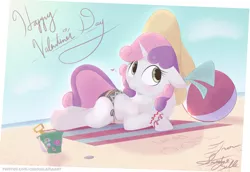 Size: 3714x2556 | Tagged: safe, artist:chaosllama, derpibooru import, sweetie belle, pony, unicorn, beach, beach ball, clothes, hat, holiday, image, multicolored hair, png, smiling, swimsuit, valentine's day