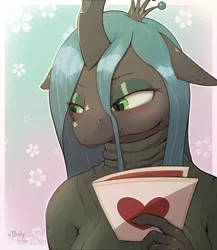 Size: 2435x2800 | Tagged: safe, artist:biskydraws, derpibooru import, queen chrysalis, anthro, changeling, changeling queen, blushing, clothes, female, green eyes, holiday, image, png, sweater, turtleneck, valentine's day