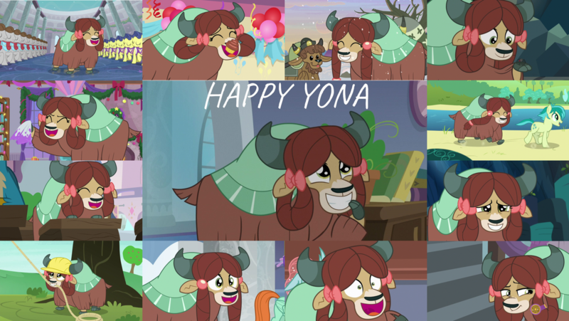 Size: 1280x721 | Tagged: safe, derpibooru import, edit, edited screencap, editor:quoterific, screencap, sandbar, yona, earth pony, pony, yak, a matter of principals, a rockhoof and a hard place, non-compete clause, school daze, season 8, season 9, she's all yak, the hearth's warming club, uprooted, what lies beneath, spoiler:s08, spoiler:s09, ^^, bowtie, clothes, cloven hooves, cupcake, cute, excited, eyes closed, food, happy, hard hat, hat, image, monkey swings, png, sandabetes, smiling, yonadorable