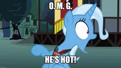 Size: 1280x720 | Tagged: safe, derpibooru import, edit, edited screencap, screencap, trixie, magic duel, image, implied male, jaw drop, jpeg, looking right, omg, raised hoof, text