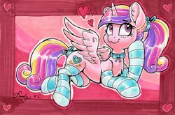 Size: 2683x1767 | Tagged: safe, artist:dandy, derpibooru import, princess cadance, alicorn, pony, :3, bow, choker, clothes, cute, cutedance, ear fluff, female, hair bow, heart, heart eyes, holiday, horn, image, png, ponytail, socks, solo, striped socks, tail, tail bow, traditional art, valentine's day, wingding eyes, wings