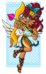 Size: 1280x2081 | Tagged: safe, artist:outofworkderpy, derpibooru import, oc, oc:kira, dragon, kobold, angel, arrow, blushing, blushing profusely, bow, breasts, clothes, cupid, cute, dragoness, feet, female, greek, hair bow, heart, holiday, image, png, roman, sandals, sideboob, solo, toga