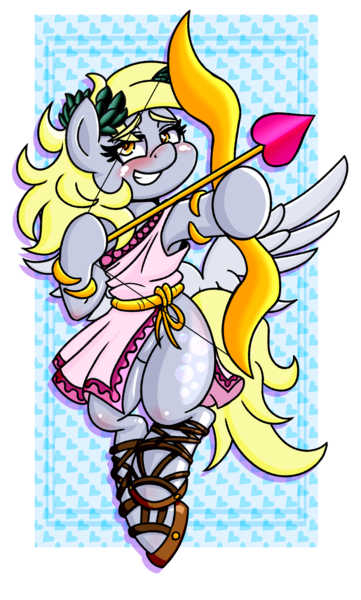 Size: 1280x2130 | Tagged: safe, artist:outofworkderpy, derpibooru import, derpy hooves, pegasus, pony, arrow, blushing, blushing profusely, bow, clothes, cupid, cute, greek, heart, holiday, image, my little pony, png, roman, sandals, solo, toga