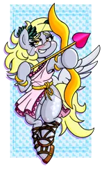 Size: 1280x2130 | Tagged: safe, artist:outofworkderpy, derpibooru import, derpy hooves, pegasus, pony, arrow, blushing, blushing profusely, bow, clothes, cupid, cute, greek, heart, holiday, image, my little pony, png, roman, sandals, solo, toga