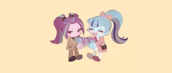 Size: 640x274 | Tagged: safe, artist:eopo, derpibooru import, aria blaze, sonata dusk, ariabetes, arisona, bow, chibi, clothes, cute, eyes closed, female, hair bow, heart, holiday, image, jacket, jpeg, lesbian, looking at someone, looking away, open mouth, open smile, pigtails, ponytail, purse, shipping, shoes, simple background, smiling, socks, sonatabetes, valentine's day