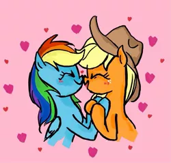 Size: 769x735 | Tagged: safe, artist:laya-21, derpibooru import, applejack, rainbow dash, earth pony, pegasus, pony, appledash, boop, duo, eyes closed, female, heart, image, jpeg, lesbian, noseboop, shipping