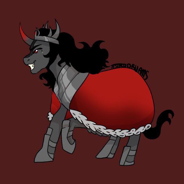 Size: 1081x1080 | Tagged: safe, artist:astrodrveams, derpibooru import, king sombra, cape, clothes, commissioner:reversalmushroom, commmission, crown, curved horn, grin, horn, image, jewelry, png, red eyes, regalia, smiling